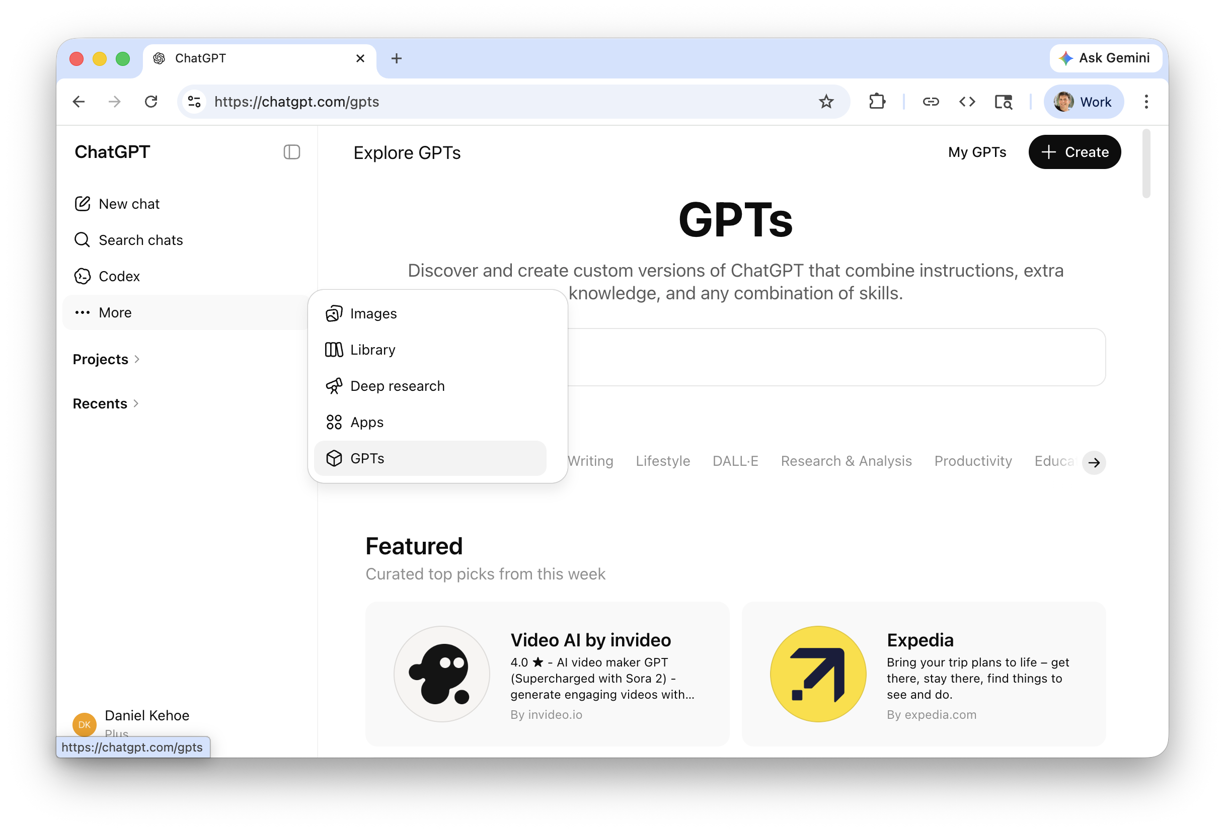 ChatGPT sidebar showing the GPTs option and the GPT Store, where Custom GPTs are listed and opened